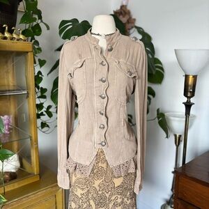 Boho Free People Tan Utility Jacket with Lace Trim
